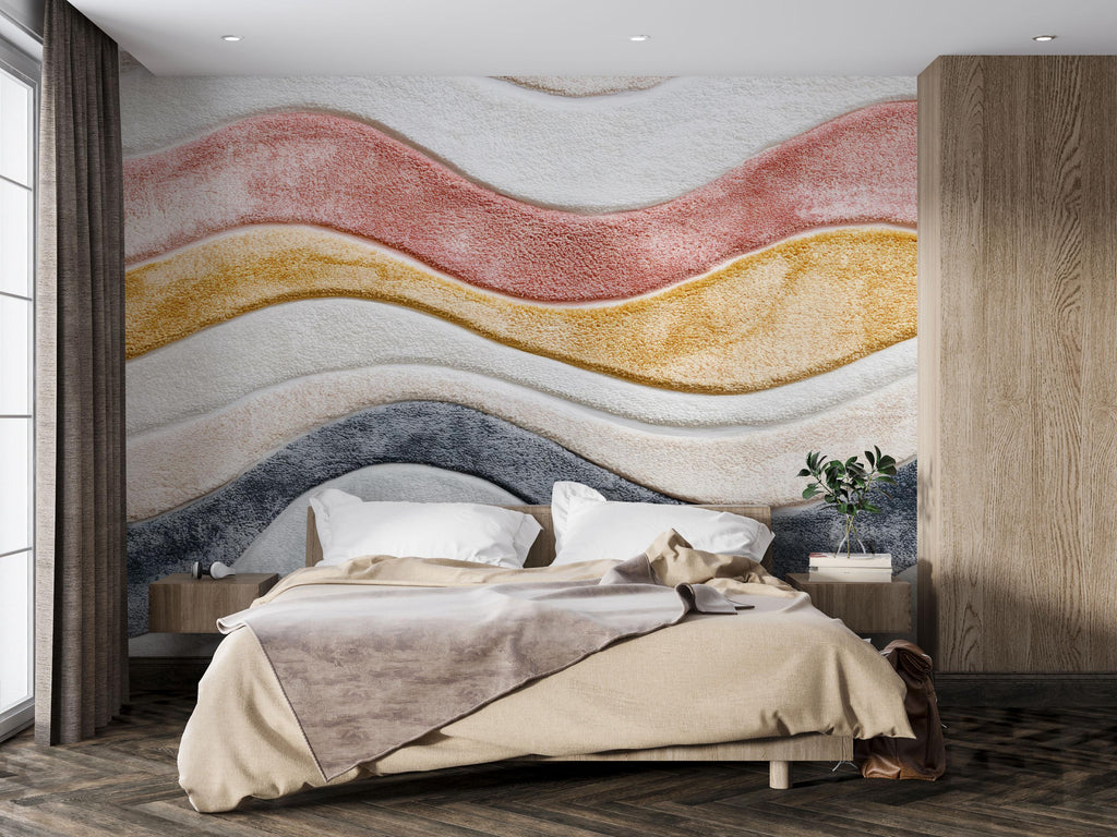 Colorful Textured Wave Wallpaper Wall Decal 3D Plush Effect Mural Neutral Boho Accent Wall Art Modern Bedroom Decor Soft Sculpted Wallpaper