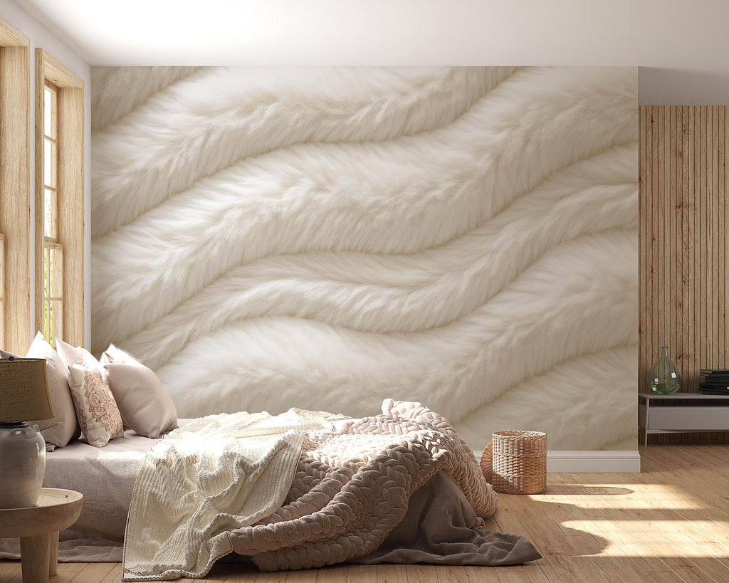 Luxury Faux Fur Wave Wallpaper Wall Decal 3D Textured Cream Mural Plush Accent Wall Neutral Bedroom Decor Modern Soft Statement Wallpaper