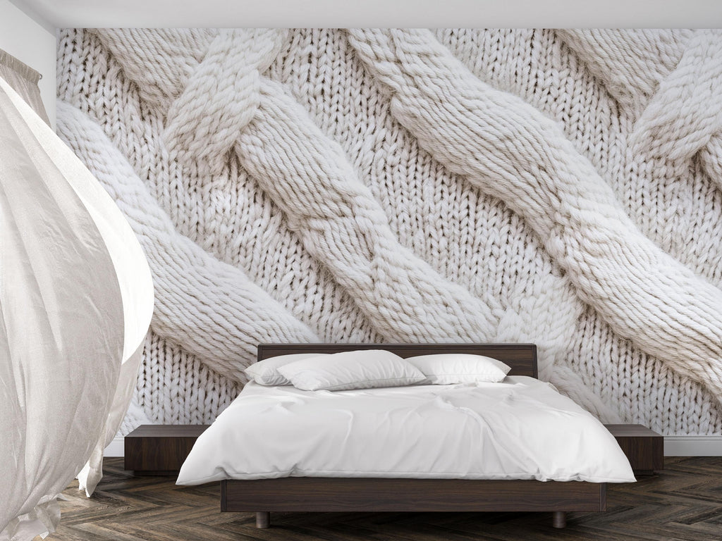 Chunky Knit Wallpaper Wall Decal 3D Cable Knit Texture Mural Cozy Neutral Bedroom Accent Wall Scandinavian Modern Soft Sweater Wallpaper