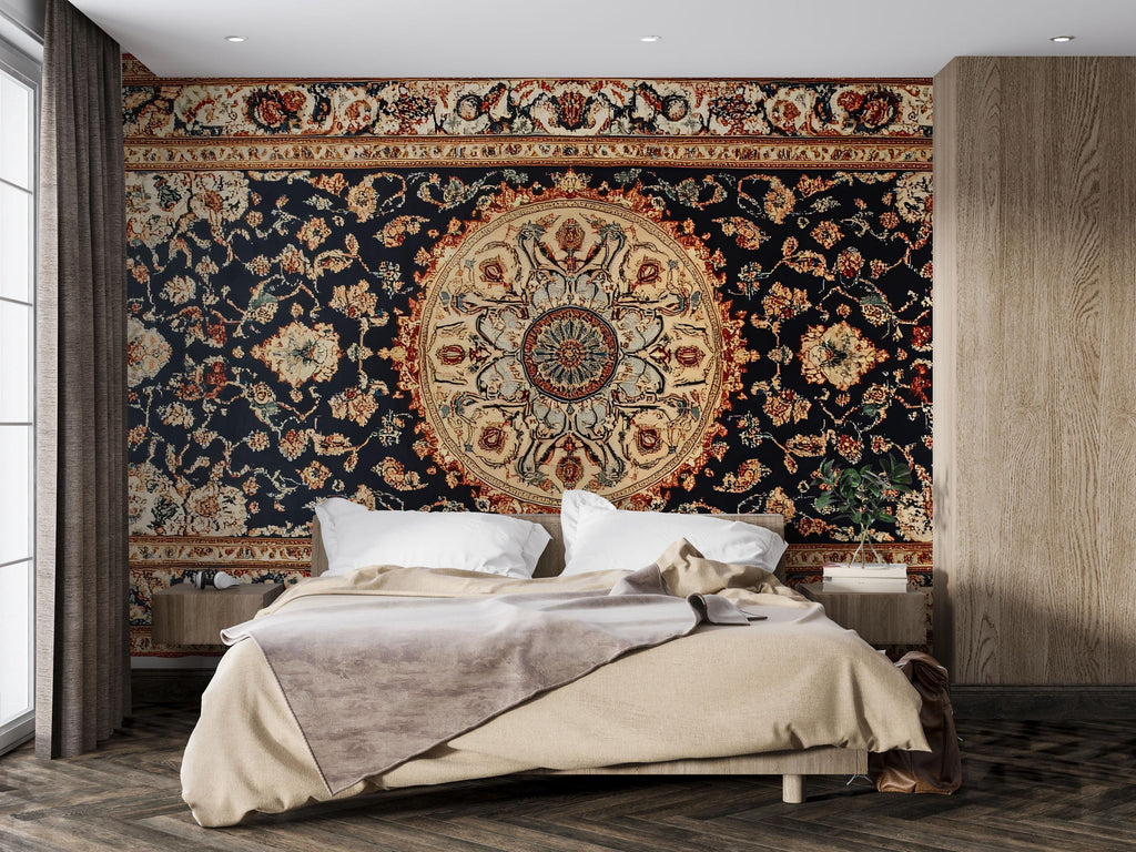 Persian Rug Wallpaper Wall Decal Vintage Oriental Carpet Mural Navy Boho Bedroom Accent Wall Art Traditional Medallion Statement Wallpaper