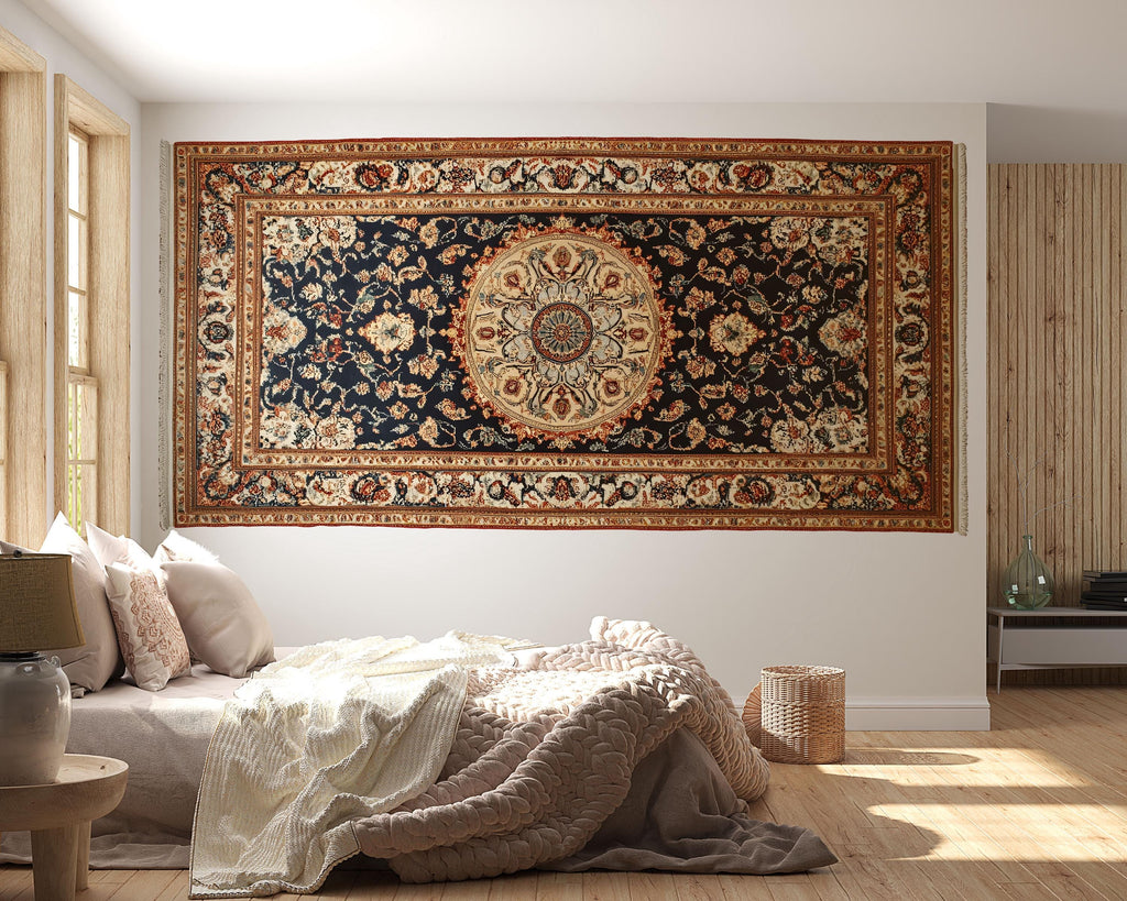 Persian Rug Wallpaper Wall Decal Vintage Oriental Carpet Mural Navy Boho Bedroom Accent Wall Art Traditional Medallion Statement Wallpaper