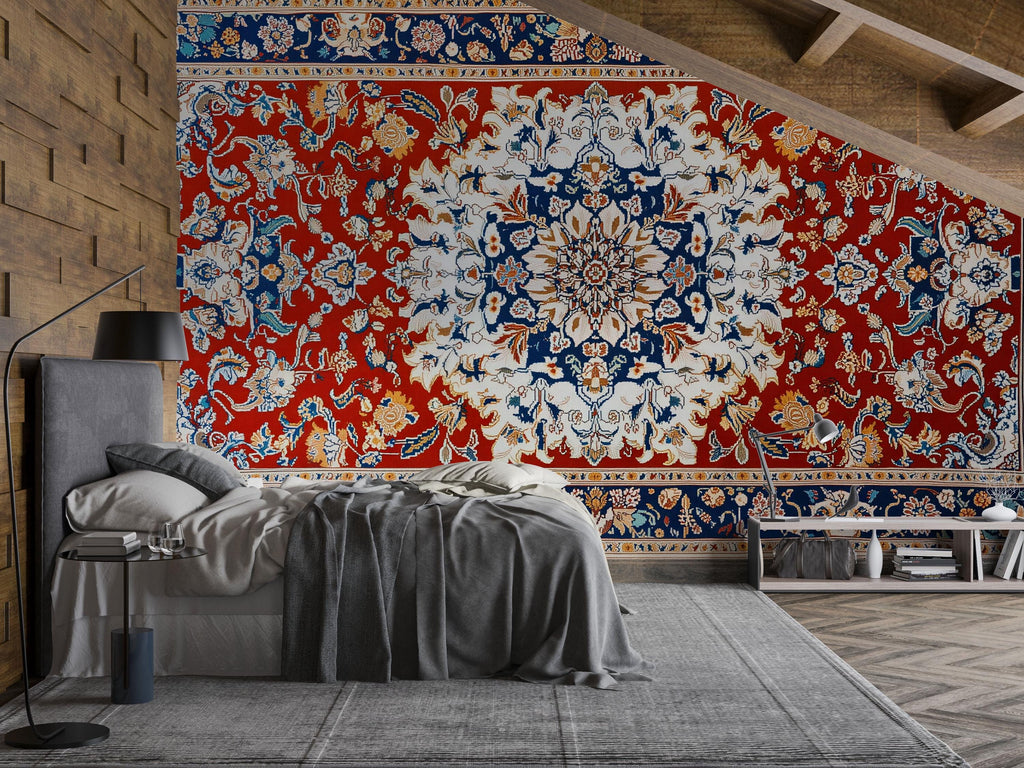 Red Persian Rug Wallpaper Wall Decal Oriental Medallion Mural Boho Vintage Accent Wall Art Traditional Carpet Bedroom Statement Wallpaper