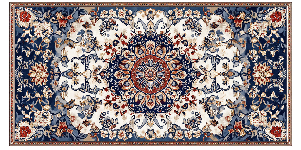 Blue Persian Rug Wallpaper Wall Decal Oriental Medallion Mural Boho Vintage Accent Wall Art Traditional Carpet Statement Wallpaper