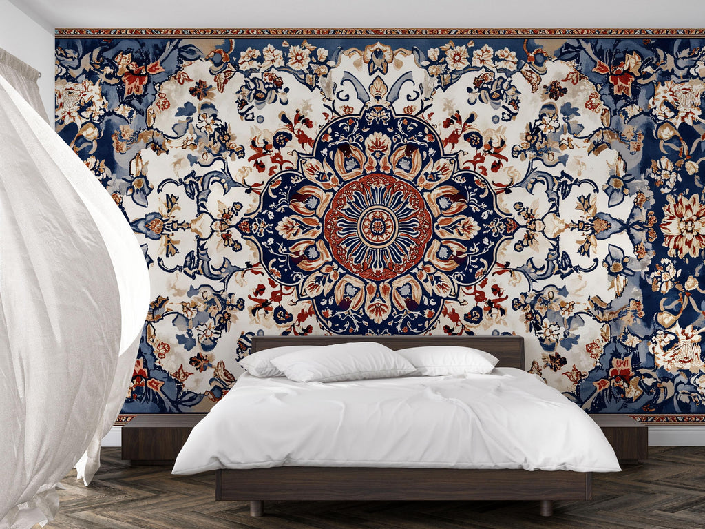 Blue Persian Rug Wallpaper Wall Decal Oriental Medallion Mural Boho Vintage Accent Wall Art Traditional Carpet Statement Wallpaper