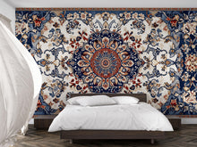 Load image into Gallery viewer, Blue Persian Rug Wallpaper Wall Decal Oriental Medallion Mural Boho Vintage Accent Wall Art Traditional Carpet Statement Wallpaper