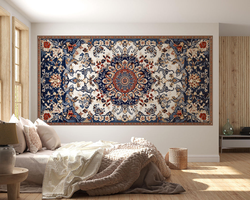 Blue Persian Rug Wallpaper Wall Decal Oriental Medallion Mural Boho Vintage Accent Wall Art Traditional Carpet Statement Wallpaper
