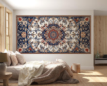 Load image into Gallery viewer, Blue Persian Rug Wallpaper Wall Decal Oriental Medallion Mural Boho Vintage Accent Wall Art Traditional Carpet Statement Wallpaper