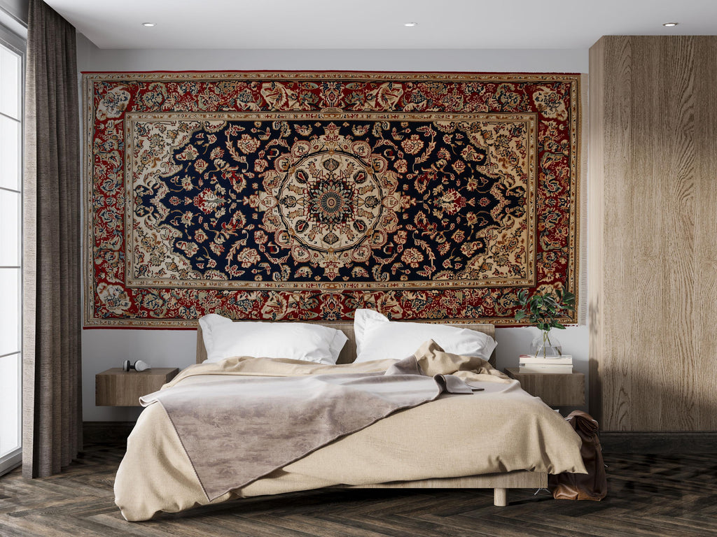 Vintage Persian Rug Wallpaper Wall Decal Oriental Medallion Mural Red Navy Traditional Carpet Accent Wall Boho Bedroom Statement Decor