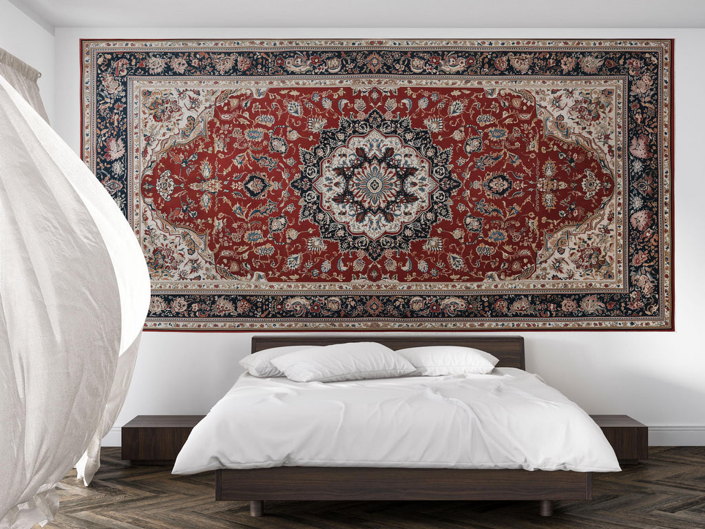 Dark Persian Rug Wallpaper Wall Decal Vintage Oriental Carpet Mural Red Medallion Moody Accent Wall Traditional Statement Wallpaper