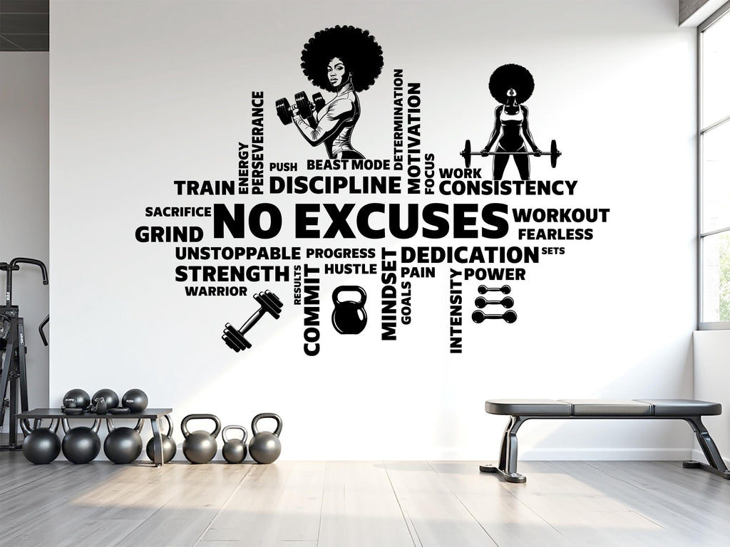 No Excuses Workout Vinyl Gym Wall Decal, Inspirational Words, Gym Decal, Fitness Collage, Gym Wall Art Gym Wall Decor Motivational Art 782LU