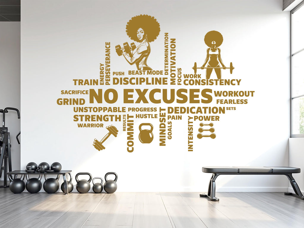 No Excuses Workout Vinyl Gym Wall Decal, Inspirational Words, Gym Decal, Fitness Collage, Gym Wall Art Gym Wall Decor Motivational Art 782LU