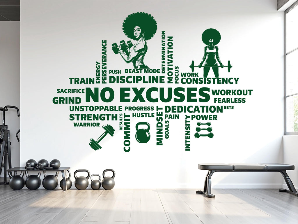 No Excuses Workout Vinyl Gym Wall Decal, Inspirational Words, Gym Decal, Fitness Collage, Gym Wall Art Gym Wall Decor Motivational Art 782LU