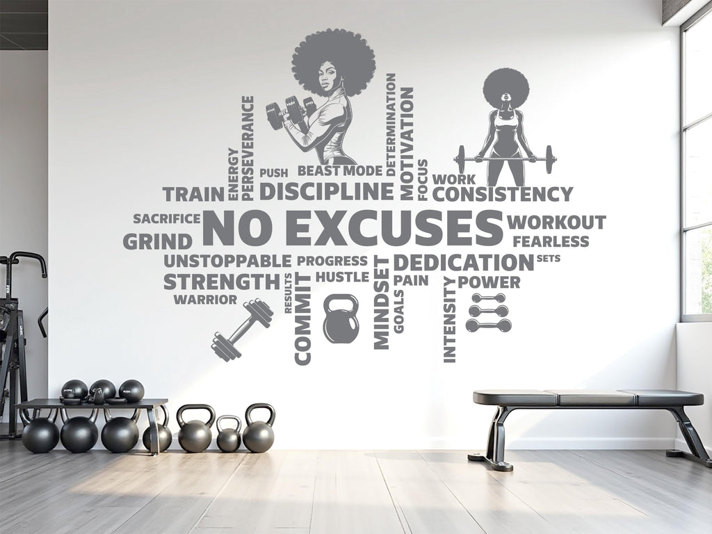 No Excuses Workout Vinyl Gym Wall Decal, Inspirational Words, Gym Decal, Fitness Collage, Gym Wall Art Gym Wall Decor Motivational Art 782LU