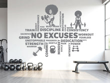 Load image into Gallery viewer, No Excuses Workout Vinyl Gym Wall Decal, Inspirational Words, Gym Decal, Fitness Collage, Gym Wall Art Gym Wall Decor Motivational Art 782LU