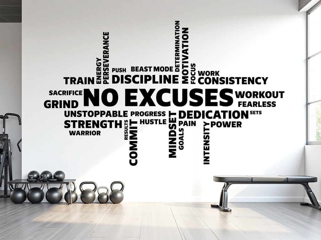No Excuses Workout Vinyl Gym Wall Decal, Inspirational Words, Gym Decal, Fitness Collage, Gym Wall Art Gym Wall Decor Motivational Art 783LU