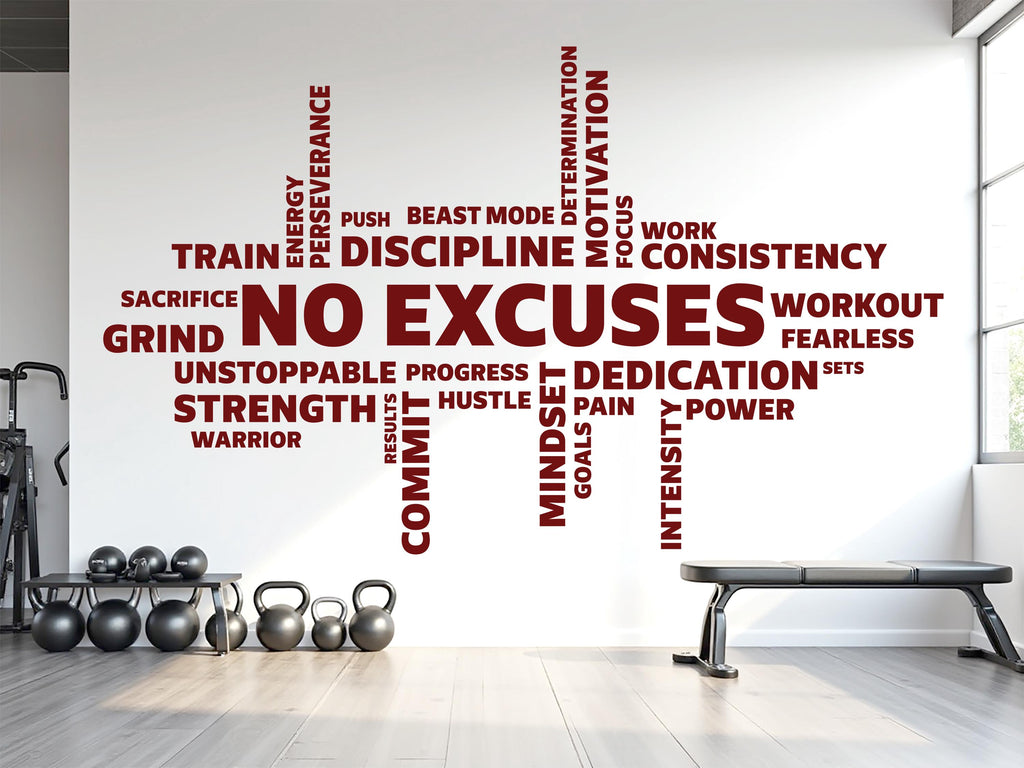 No Excuses Workout Vinyl Gym Wall Decal, Inspirational Words, Gym Decal, Fitness Collage, Gym Wall Art Gym Wall Decor Motivational Art 783LU
