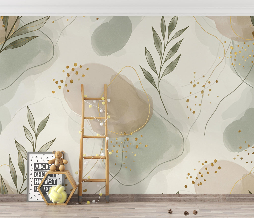 Abstract Botanical Wall Art, Neutral Watercolor Leaves Print, Sage Green Beige Modern Boho Art, Minimal Nature Wall Decor