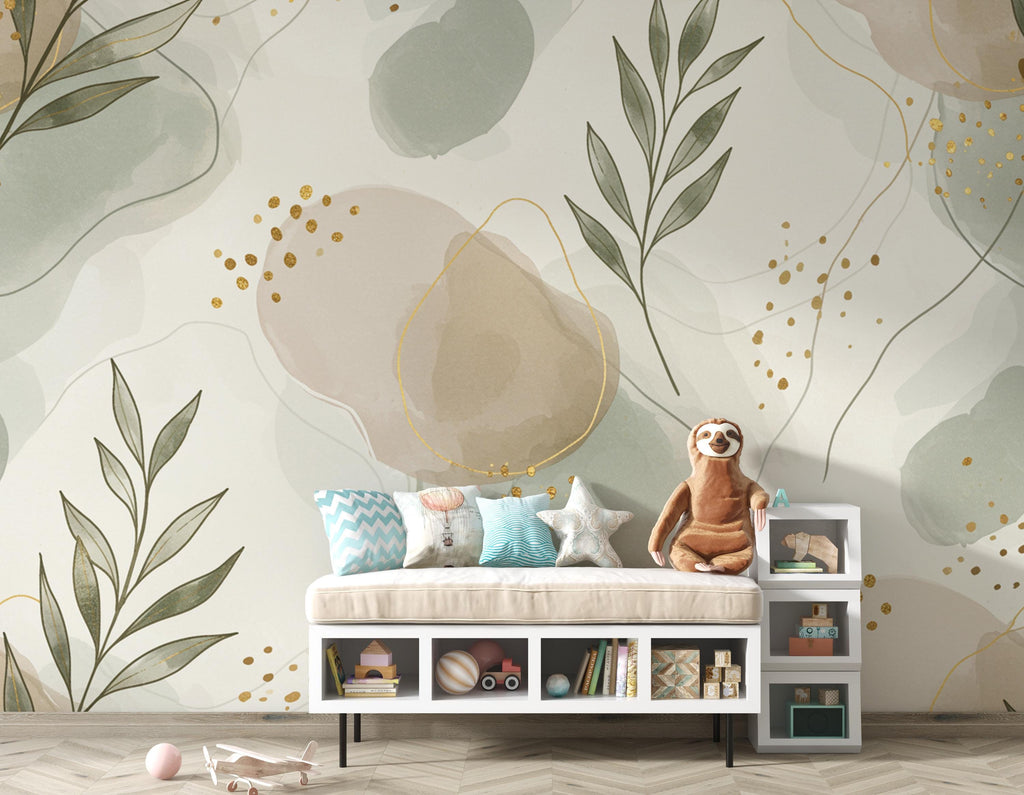 Abstract Botanical Wall Art, Neutral Watercolor Leaves Print, Sage Green Beige Modern Boho Art, Minimal Nature Wall Decor