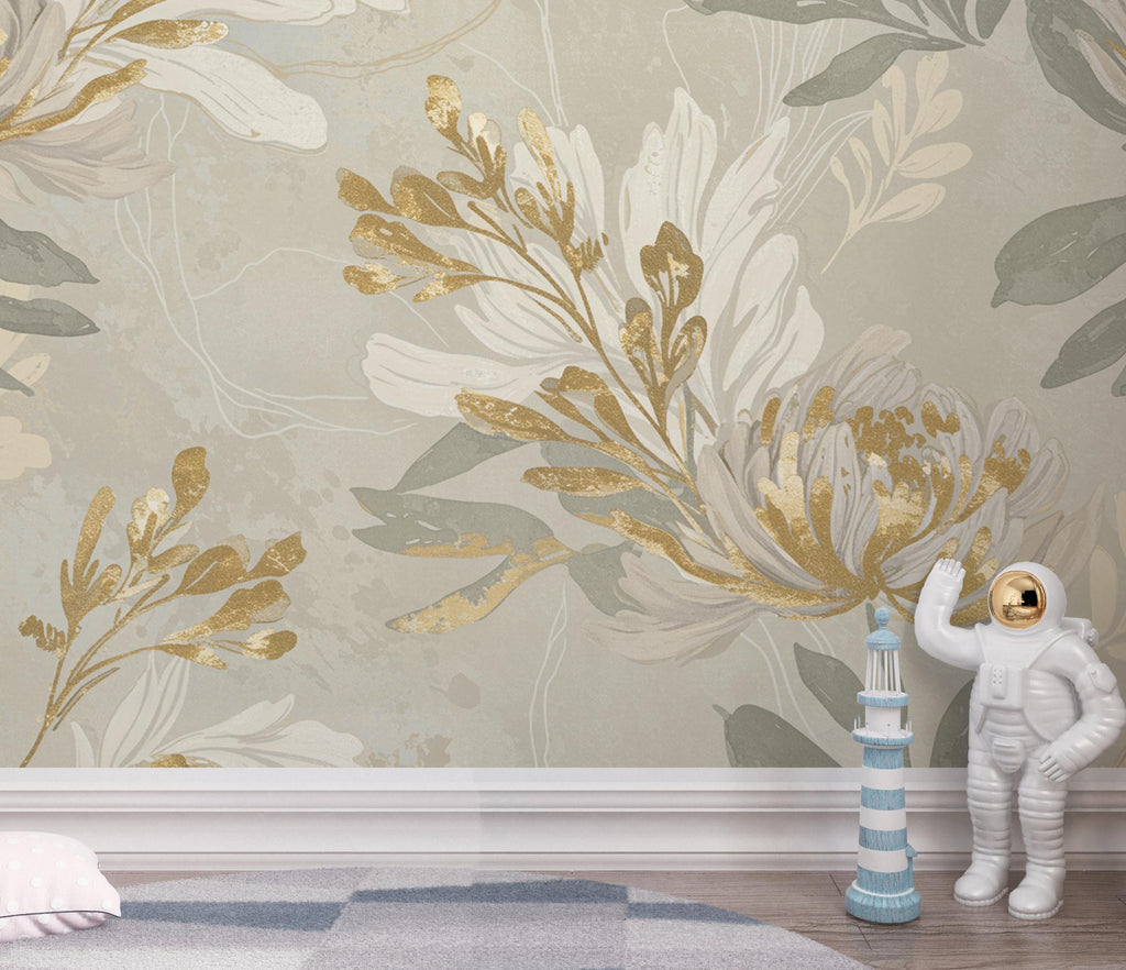 Neutral Floral Nursery Wallpaper, Soft Beige Botanical Wall Mural, Gold Accent Flower Wallpaper, Elegant Kids Room Wall Decor