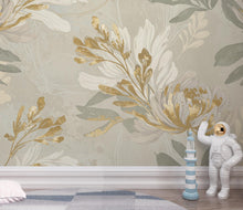 Load image into Gallery viewer, Neutral Floral Nursery Wallpaper, Soft Beige Botanical Wall Mural, Gold Accent Flower Wallpaper, Elegant Kids Room Wall Decor