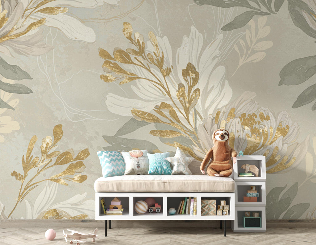 Neutral Floral Nursery Wallpaper, Soft Beige Botanical Wall Mural, Gold Accent Flower Wallpaper, Elegant Kids Room Wall Decor
