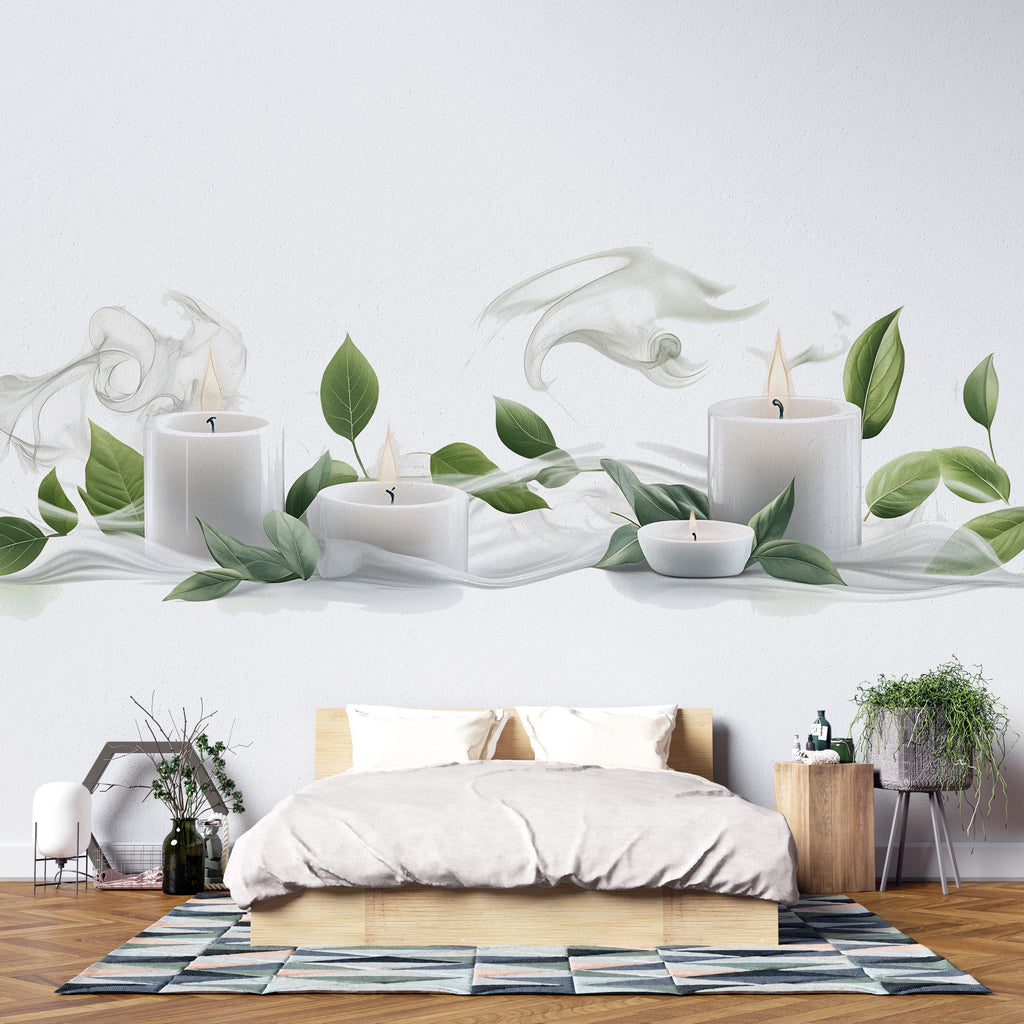 Candle Wall Decal With Leaves | Spa Wall Sticker | Zen Bedroom Wall Art | Relaxing Bathroom Decor | Meditation Wall Mural | Peel And Stick