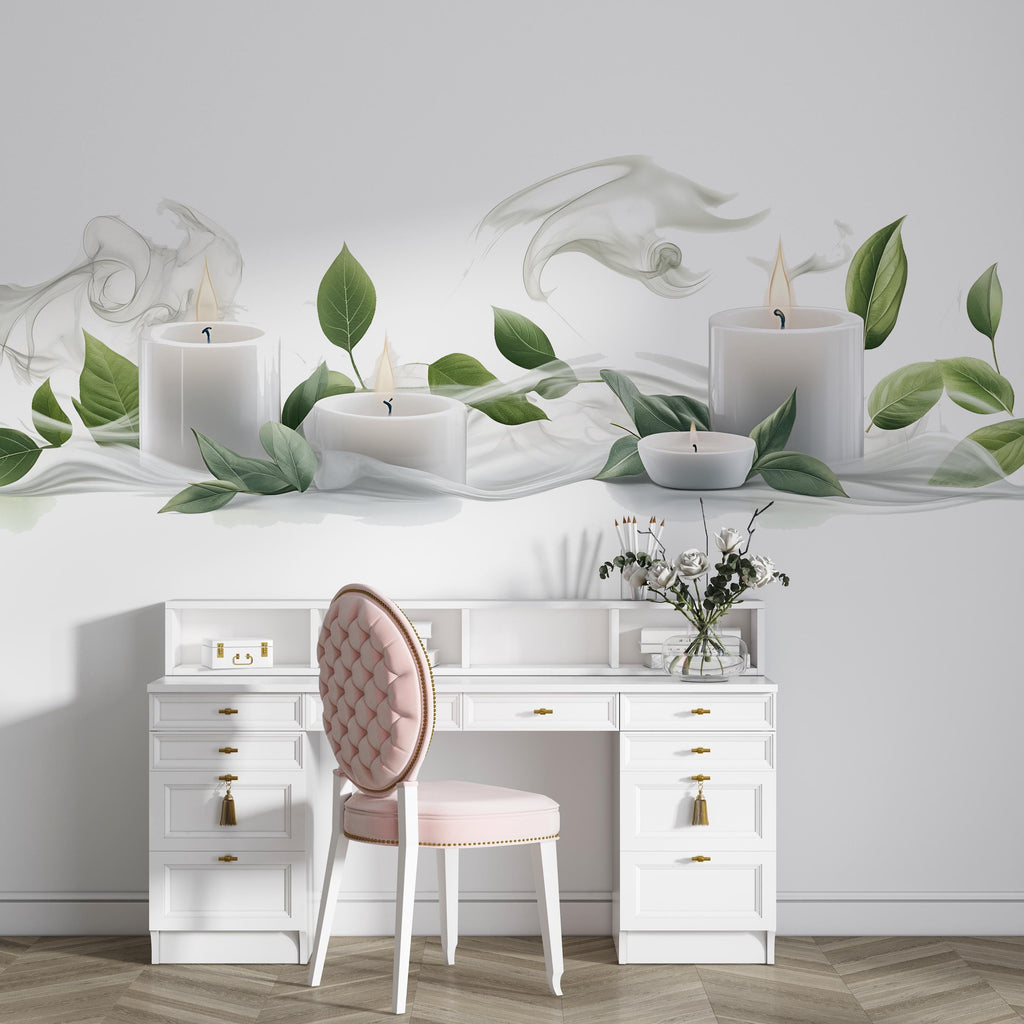 Candle Wall Decal With Leaves | Spa Wall Sticker | Zen Bedroom Wall Art | Relaxing Bathroom Decor | Meditation Wall Mural | Peel And Stick