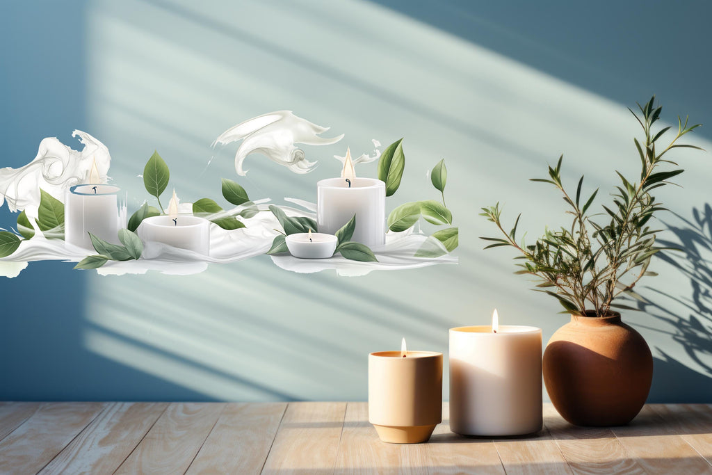 Candle Wall Decal With Leaves | Spa Wall Sticker | Zen Bedroom Wall Art | Relaxing Bathroom Decor | Meditation Wall Mural | Peel And Stick