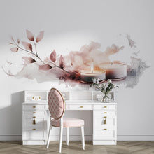 Load image into Gallery viewer, Blush Candle Wall Decal With Leaves | Spa Wall Sticker | Pink Bedroom Wall Art | Vanity Wall Decor | Meditation Wall Mural