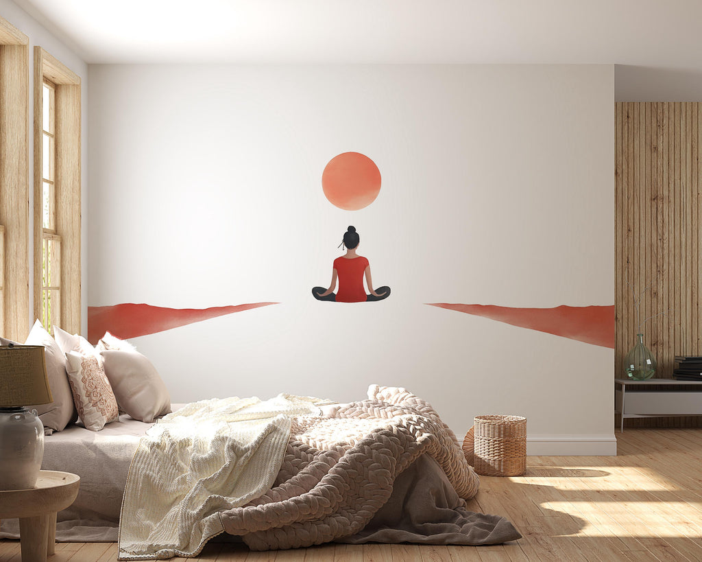 Meditation Woman Wall Decal With Red Sun | Yoga Wall Sticker | Zen Minimalist Wall Art | Spiritual Bedroom Decor | Calm Meditation Room Wall