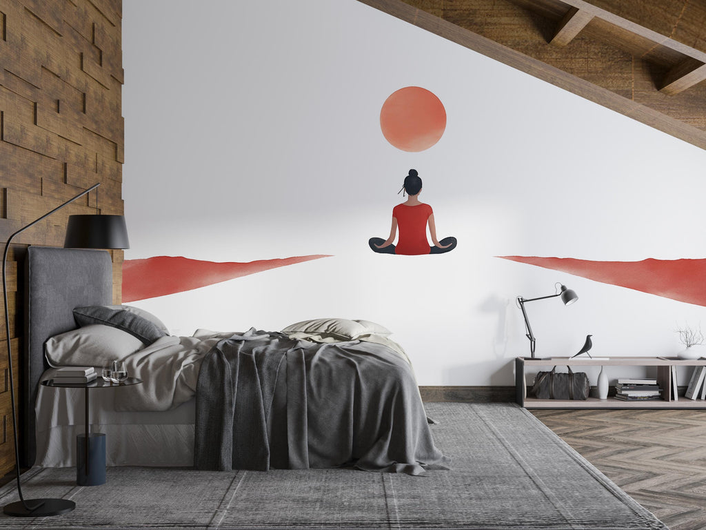 Meditation Woman Wall Decal With Red Sun | Yoga Wall Sticker | Zen Minimalist Wall Art | Spiritual Bedroom Decor | Calm Meditation Room Wall