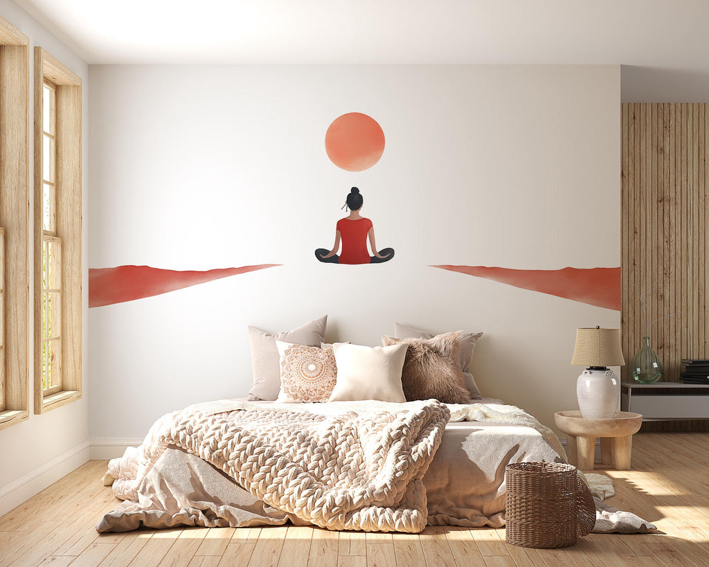 Meditation Woman Wall Decal With Red Sun | Yoga Wall Sticker | Zen Minimalist Wall Art | Spiritual Bedroom Decor | Calm Meditation Room Wall