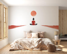 Load image into Gallery viewer, Meditation Woman Wall Decal With Red Sun | Yoga Wall Sticker | Zen Minimalist Wall Art | Spiritual Bedroom Decor | Calm Meditation Room Wall