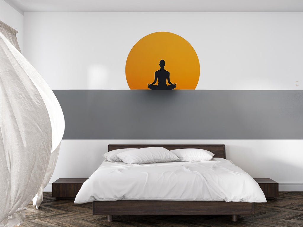 Meditation Sun Wall Decal | Minimalist Yoga Wall Sticker | Zen Silhouette Wall Art | Spiritual Bedroom Decor | Calm Meditation Room Wall