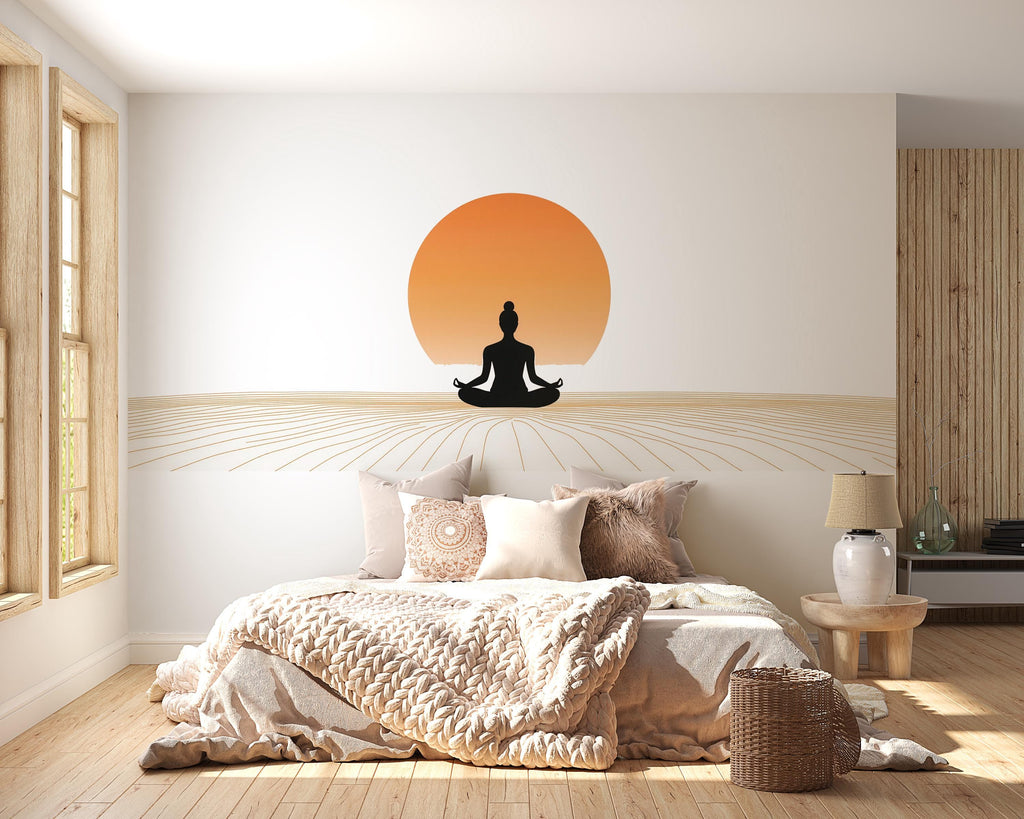 Meditation Sun Horizon Wall Decal | Minimalist Yoga Wall Sticker | Zen Sunset Silhouette Wall Art | Spiritual Bedroom Decor