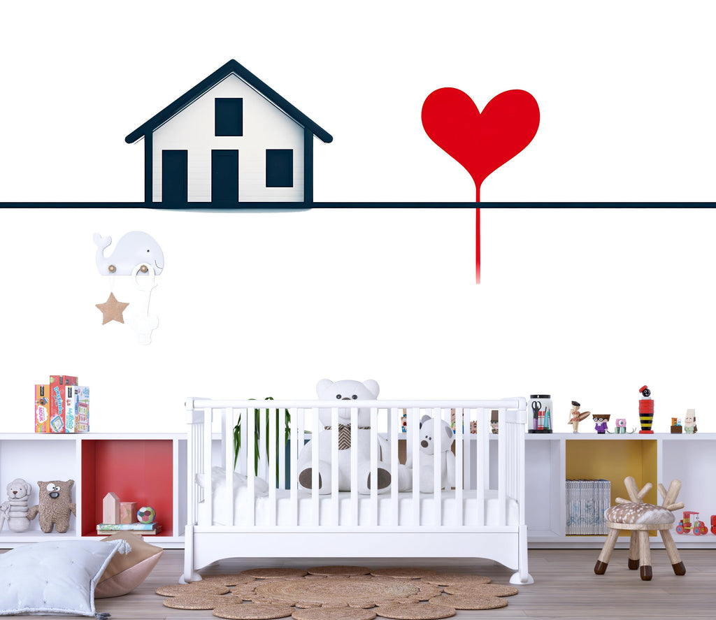 House Line Art Wall Decal With Heart Balloon | Modern Minimalist Home Wall Sticker | Family Love Nursery Decor | Kids Room Wall Art