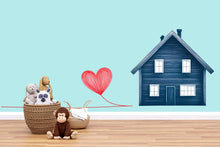Load image into Gallery viewer, Blue House Wall Decal With Heart Balloon Line Art | Nursery Wall Sticker | Kids Room Decor | Modern Family Love Wall Art | Playroom