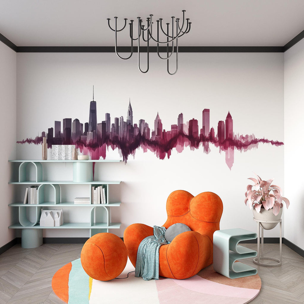 New York Skyline Soundwave Wall Decal Wallpaper City Skyline Wall Sticker NYC Bedroom Decor Modern Urban Wall Art Pink Cityscape Vinyl Decal