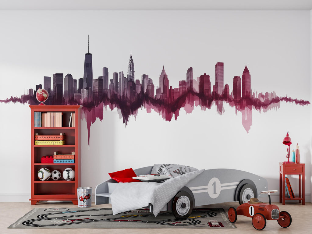 New York Skyline Soundwave Wall Decal Wallpaper City Skyline Wall Sticker NYC Bedroom Decor Modern Urban Wall Art Pink Cityscape Vinyl Decal
