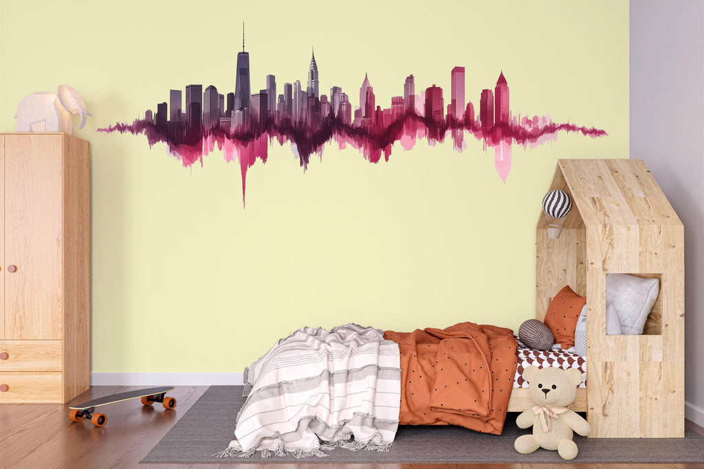 New York Skyline Soundwave Wall Decal Wallpaper City Skyline Wall Sticker NYC Bedroom Decor Modern Urban Wall Art Pink Cityscape Vinyl Decal