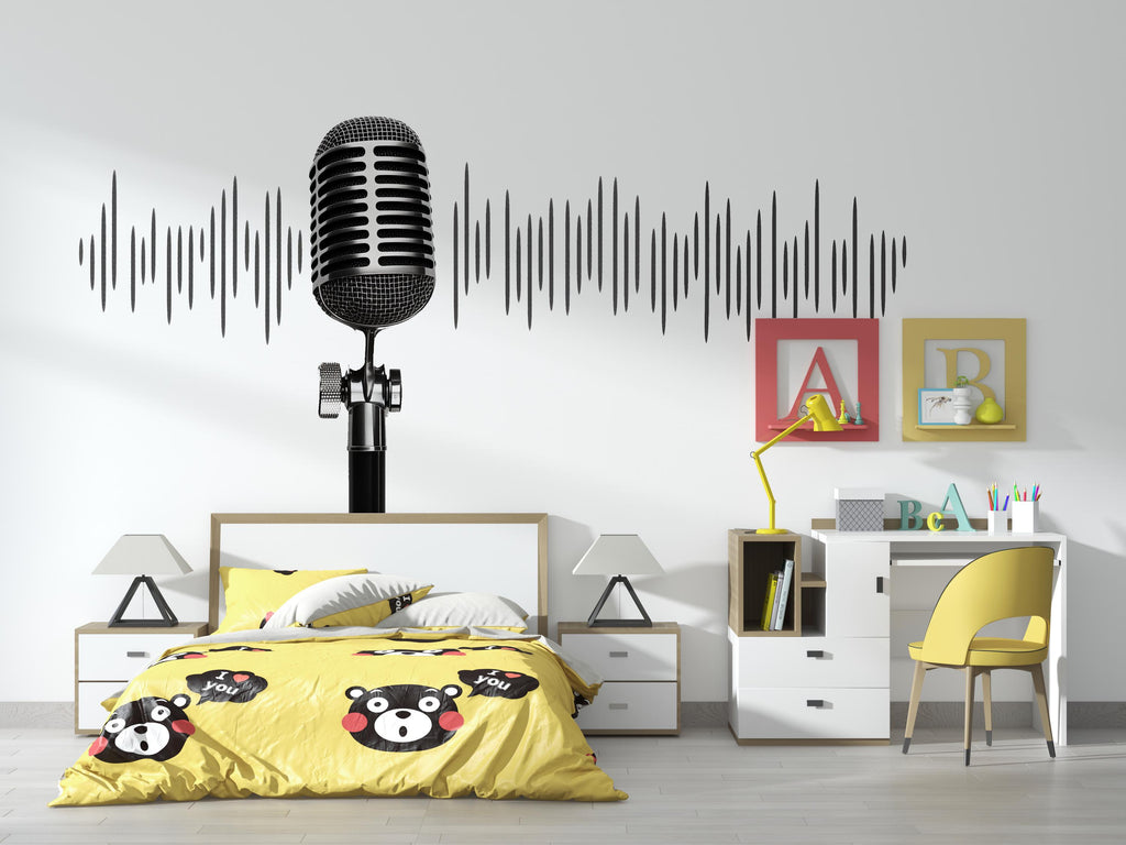 Microphone Soundwave Wall Decal Wallpaper Music Studio Wall Sticker Podcast Decor Singer Room Wall Art Teen Boy Bedroom DJ Wallpaper