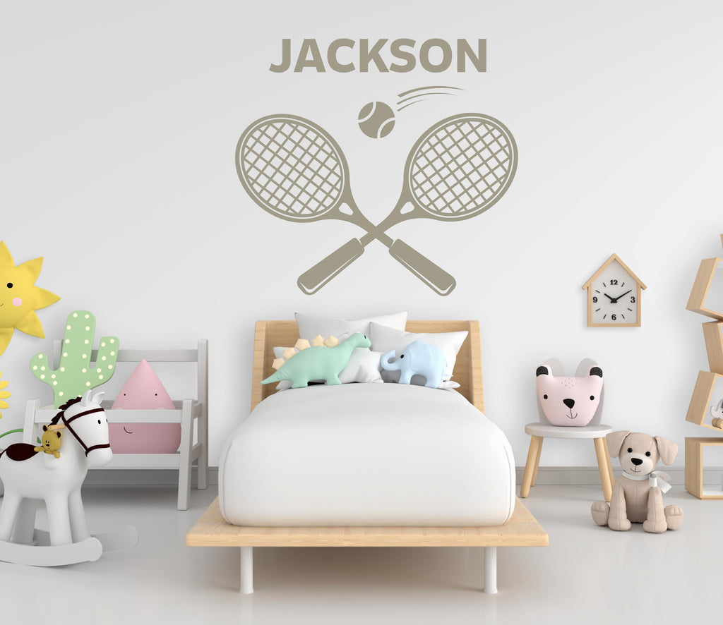 Personalized Tennis Wall Decal – Custom Name Sports Room Decor – Crossed Rackets & Ball Graphic – Kids Bedroom or Tennis Player Gift 759LU