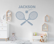 Load image into Gallery viewer, Personalized Tennis Wall Decal – Custom Name Sports Room Decor – Crossed Rackets &amp; Ball Graphic – Kids Bedroom or Tennis Player Gift 759LU