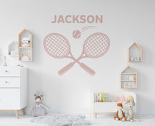 Load image into Gallery viewer, Personalized Tennis Wall Decal – Custom Name Sports Room Decor – Crossed Rackets &amp; Ball Graphic – Kids Bedroom or Tennis Player Gift 759LU