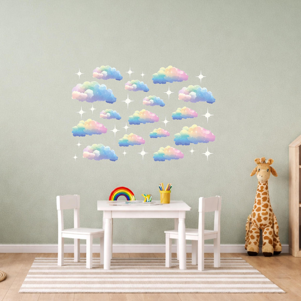 Rainbow Pastel Cloud Wall Decal with Stars – Nursery Vinyl Sticker, Baby Room Decor, Dreamy Sky Wall Art, Kids Bedroom Decoration