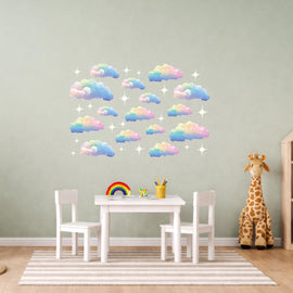 Rainbow Pastel Cloud Wall Decal with Stars – Nursery Vinyl Sticker, Baby Room Decor, Dreamy Sky Wall Art, Kids Bedroom Decoration
