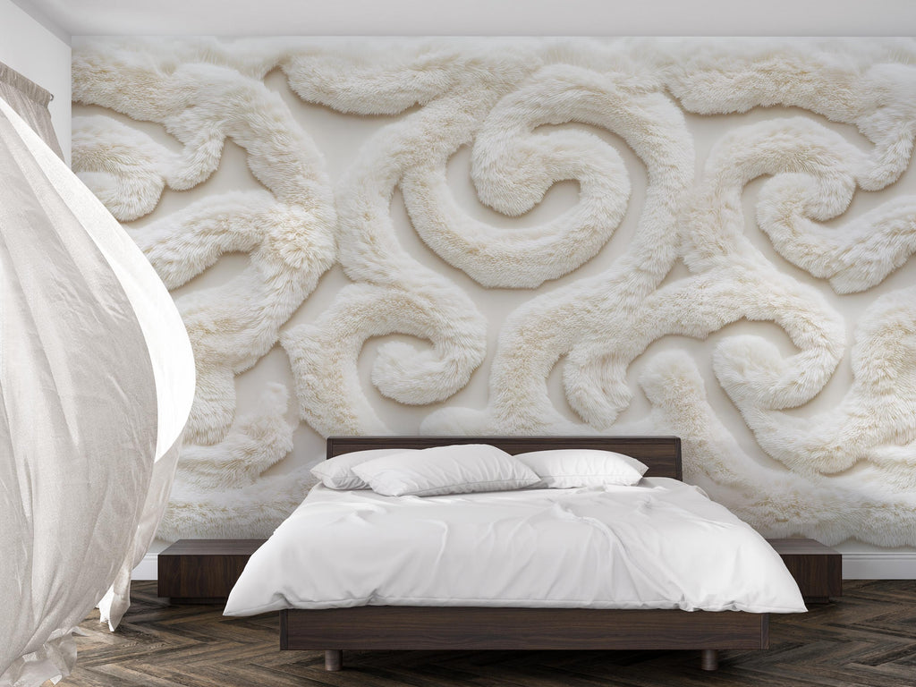 Luxury Plush Texture Wallpaper Wall Decal Cream Ornamental Pattern Wall Mural Soft Faux Fur Style Wallpaper Bedroom Accent Wall Decor