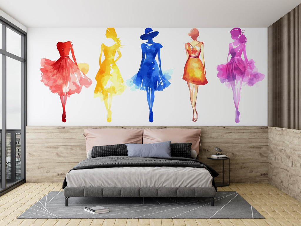 Fashion Wall Decal Colorful Women Silhouette Wall Sticker Modern Boutique Beauty Salon Decor Removable Art, 053gm