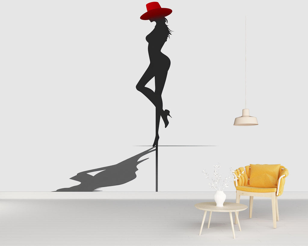 Fashion Silhouette Wall Decal Woman with Red Hat Wall Sticker Modern Glam Bedroom Salon Removable Art, 057gm