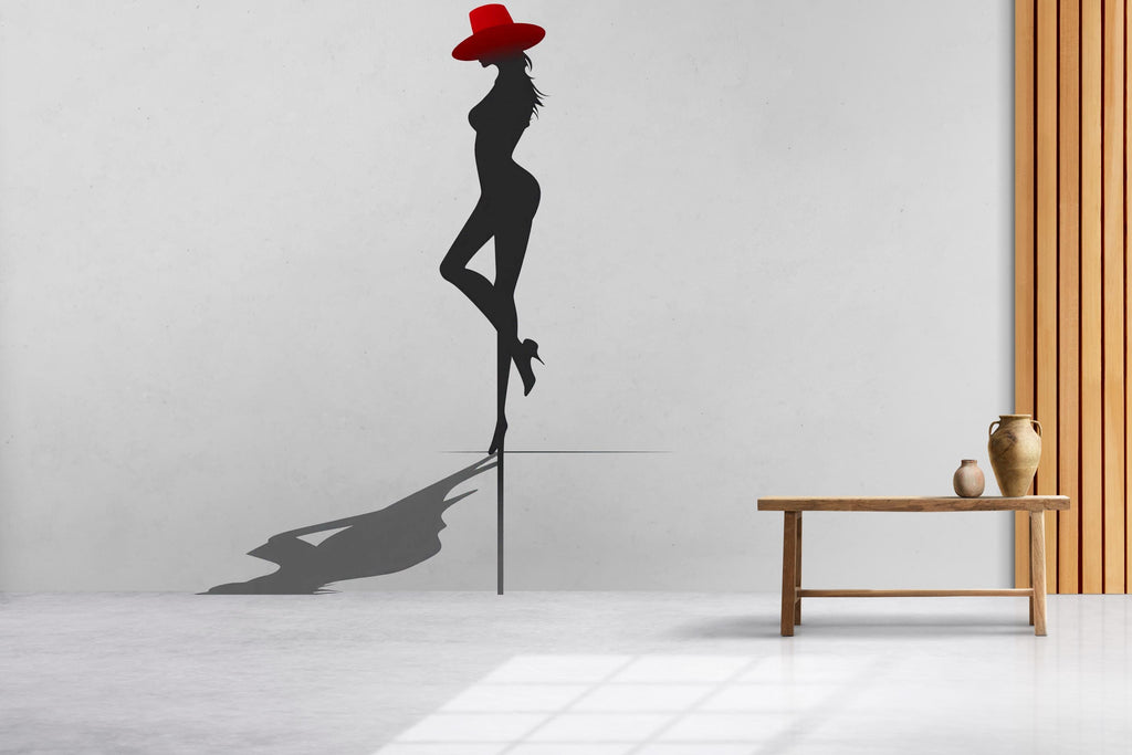 Fashion Silhouette Wall Decal Woman with Red Hat Wall Sticker Modern Glam Bedroom Salon Removable Art, 057gm